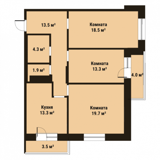 Трёхкомнатная квартира 84.3 м²